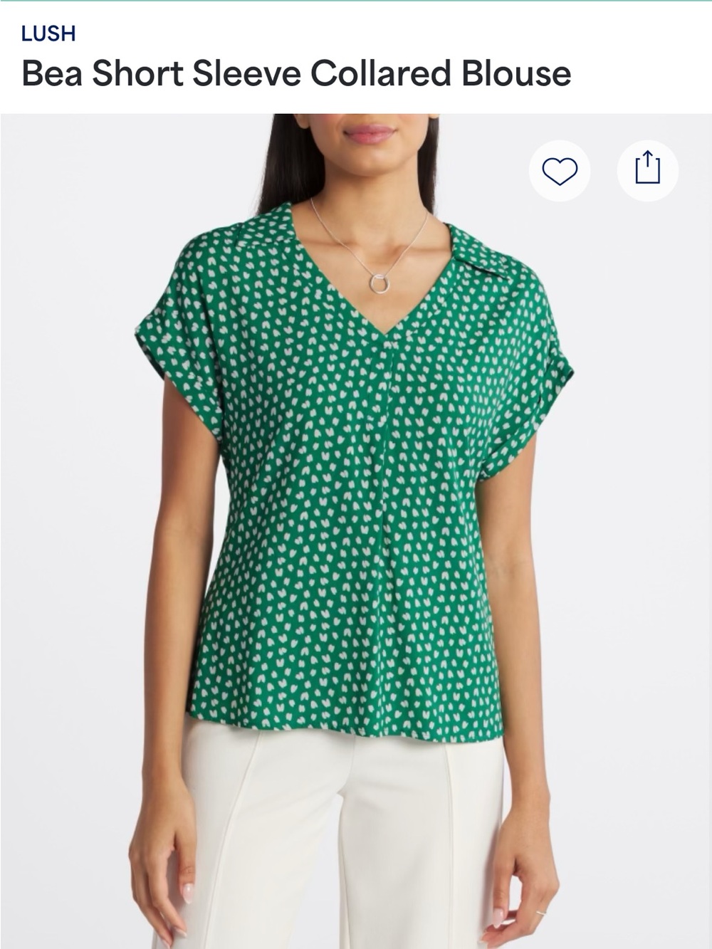 LUSH Green V-Neck Short Sleeve Collared Blouse